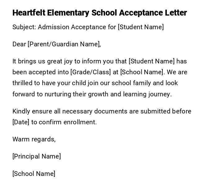 Heartfelt Elementary School Acceptance Letter Heartfelt Elementary School Acceptance Letter