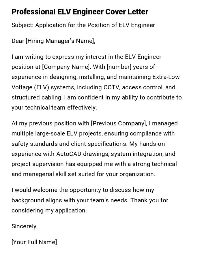 Professional ELV Engineer Cover Letter Professional ELV Engineer Cover Letter