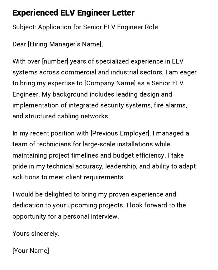 Experienced ELV Engineer Letter Experienced ELV Engineer Letter