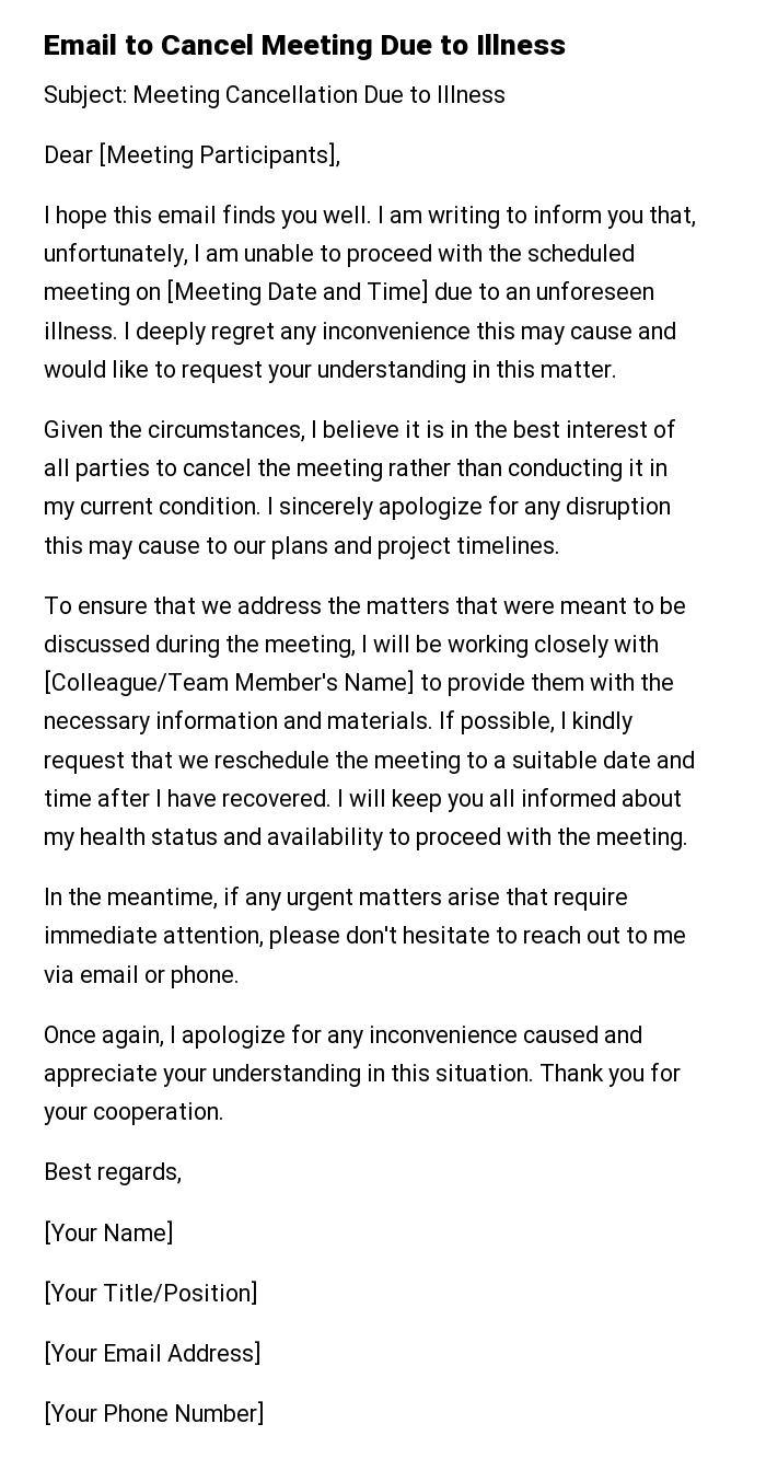 Email to Cancel Meeting Due to Illness