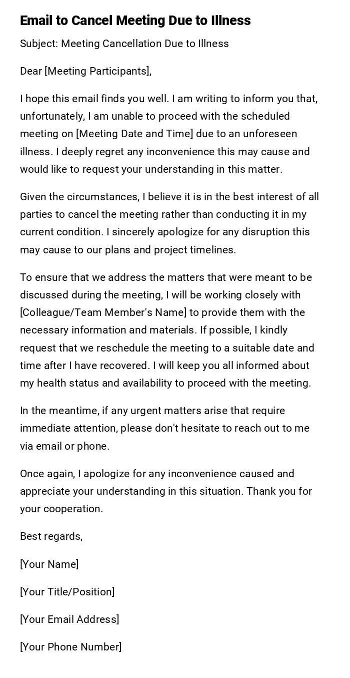 Email to Cancel Meeting Due to Illness