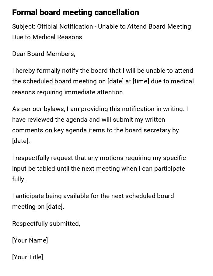 Formal board meeting cancellation Formal board meeting cancellation