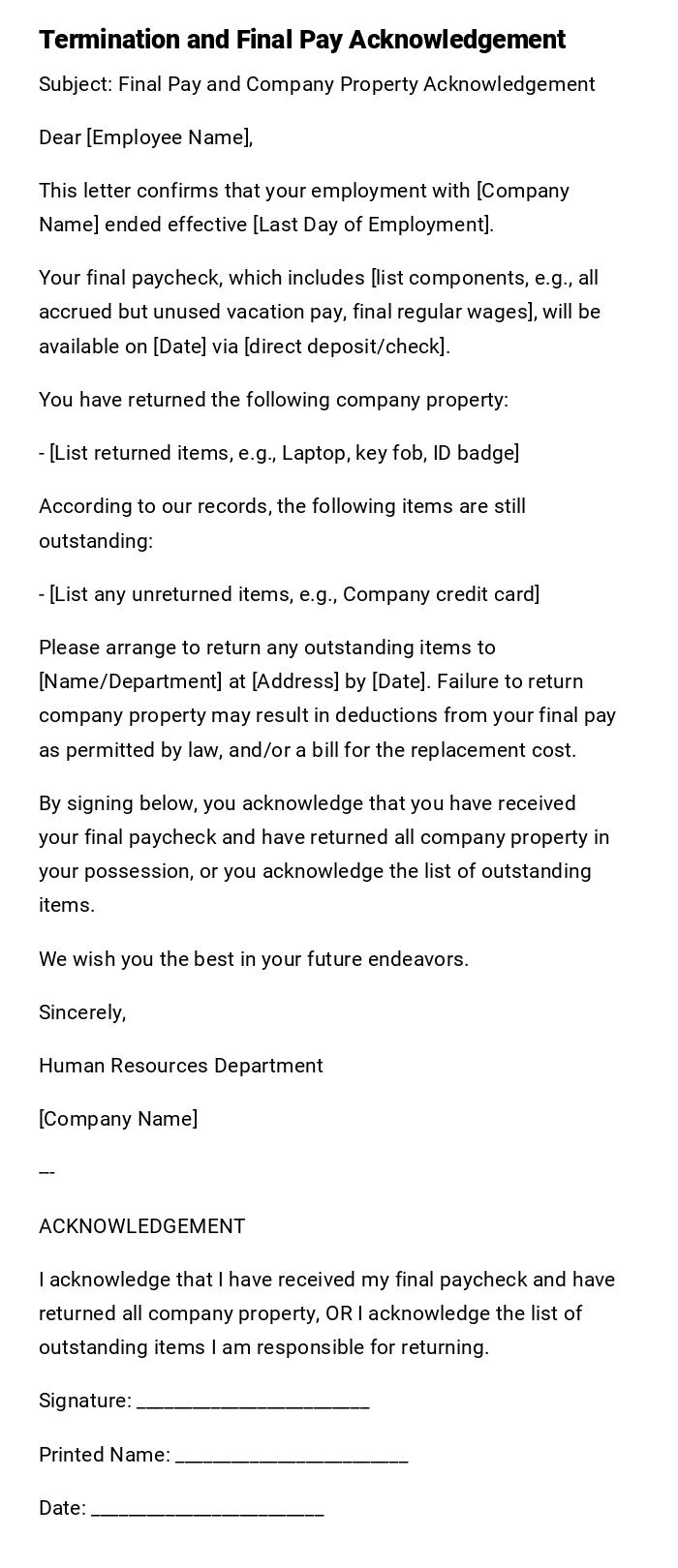 Termination and Final Pay Acknowledgement Termination and Final Pay Acknowledgement