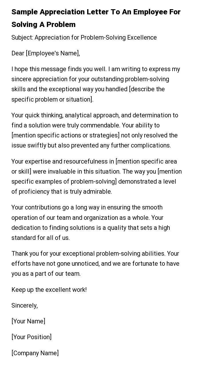 Sample Appreciation Letter To An Employee For Solving A Problem