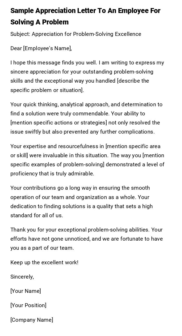 Sample Appreciation Letter To An Employee For Solving A Problem