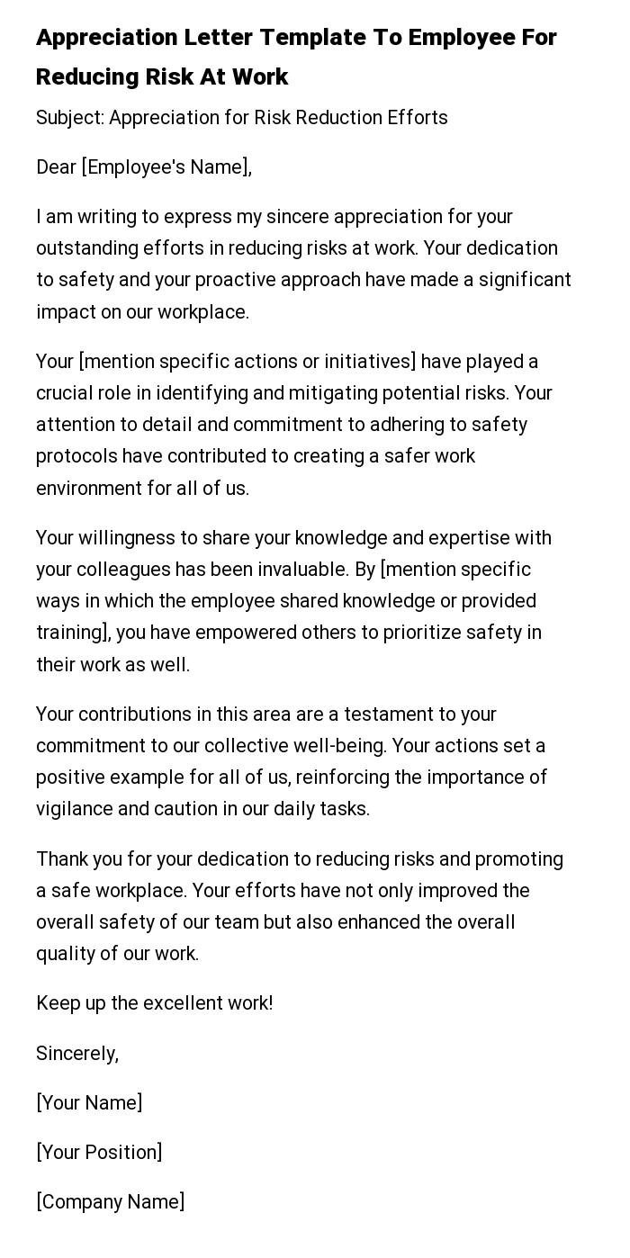 Appreciation Letter Template To Employee For Reducing Risk At Work