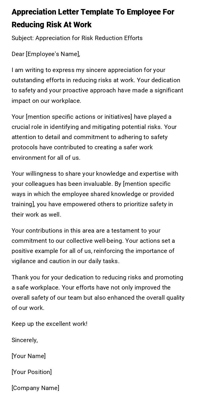 Appreciation Letter Template To Employee For Reducing Risk At Work