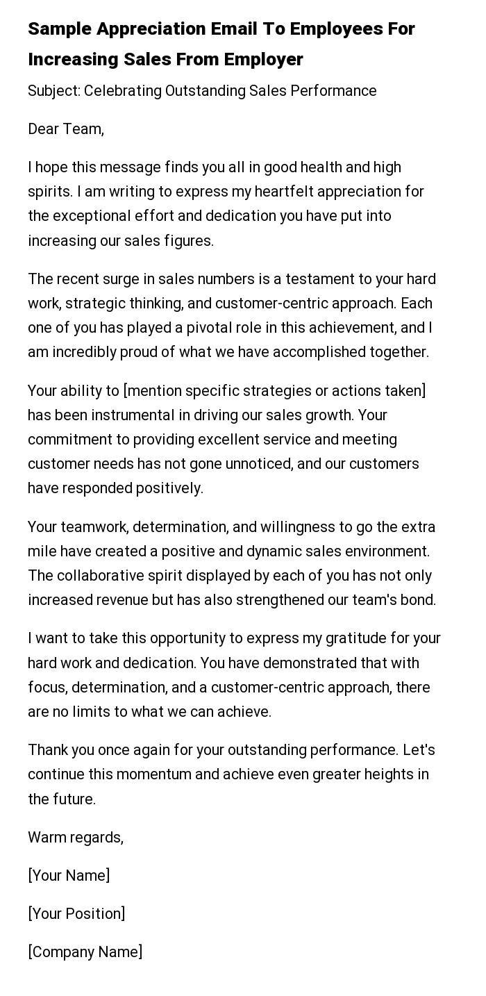 Sample Appreciation Email To Employees For Increasing Sales From Employer
