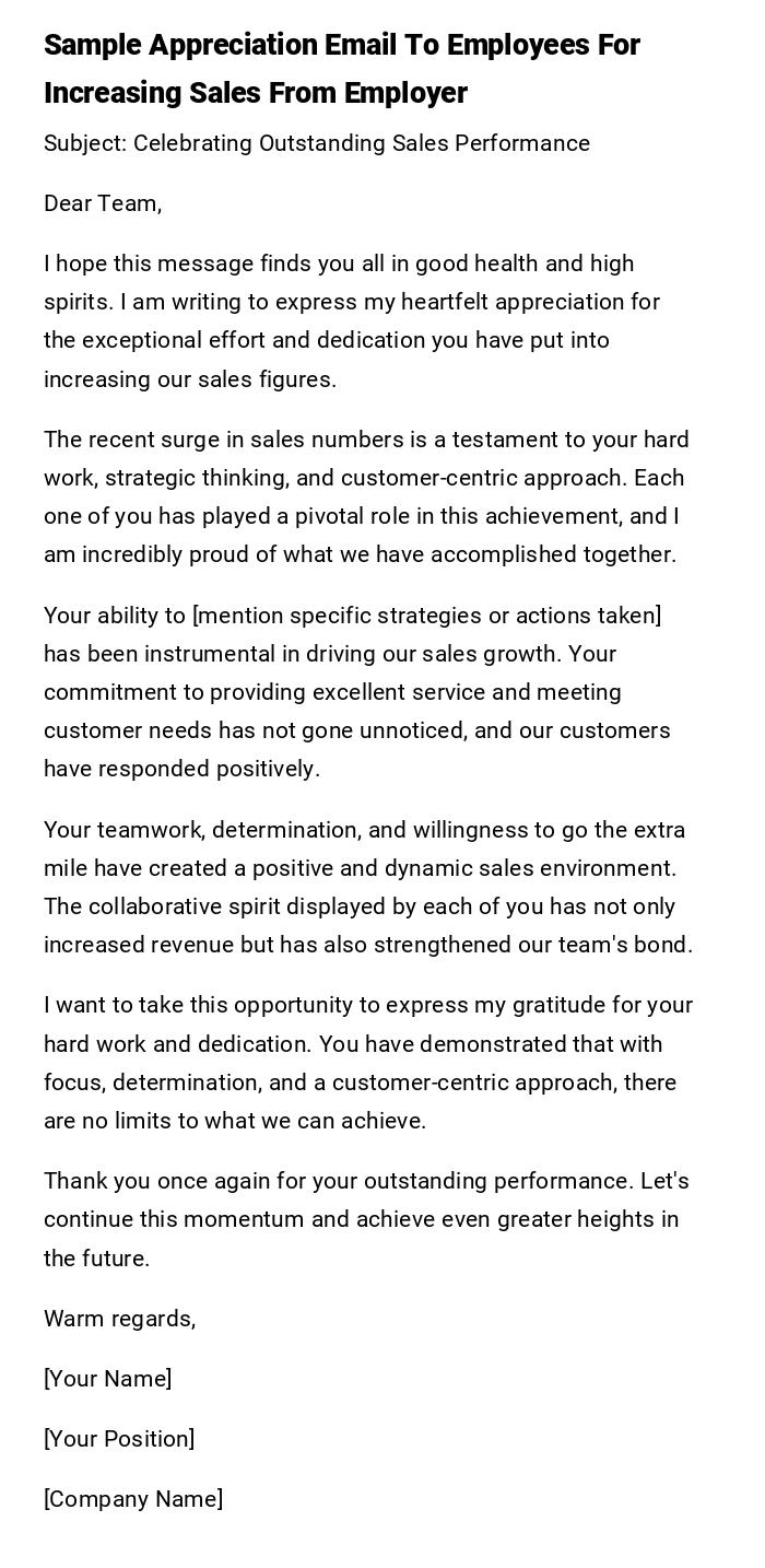 Sample Appreciation Email To Employees For Increasing Sales From Employer