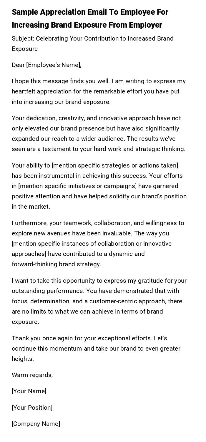 Sample Appreciation Email To Employee For Increasing Brand Exposure From Employer