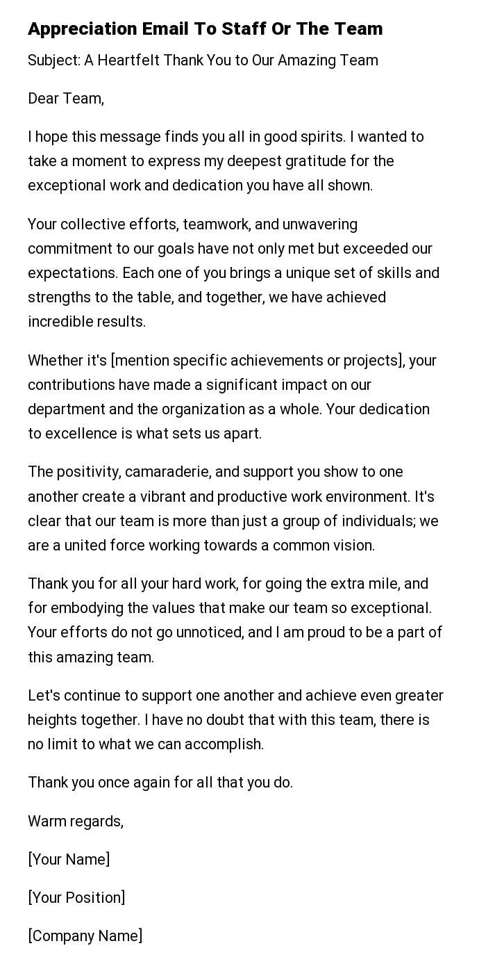 Appreciation Email To Staff Or The Team