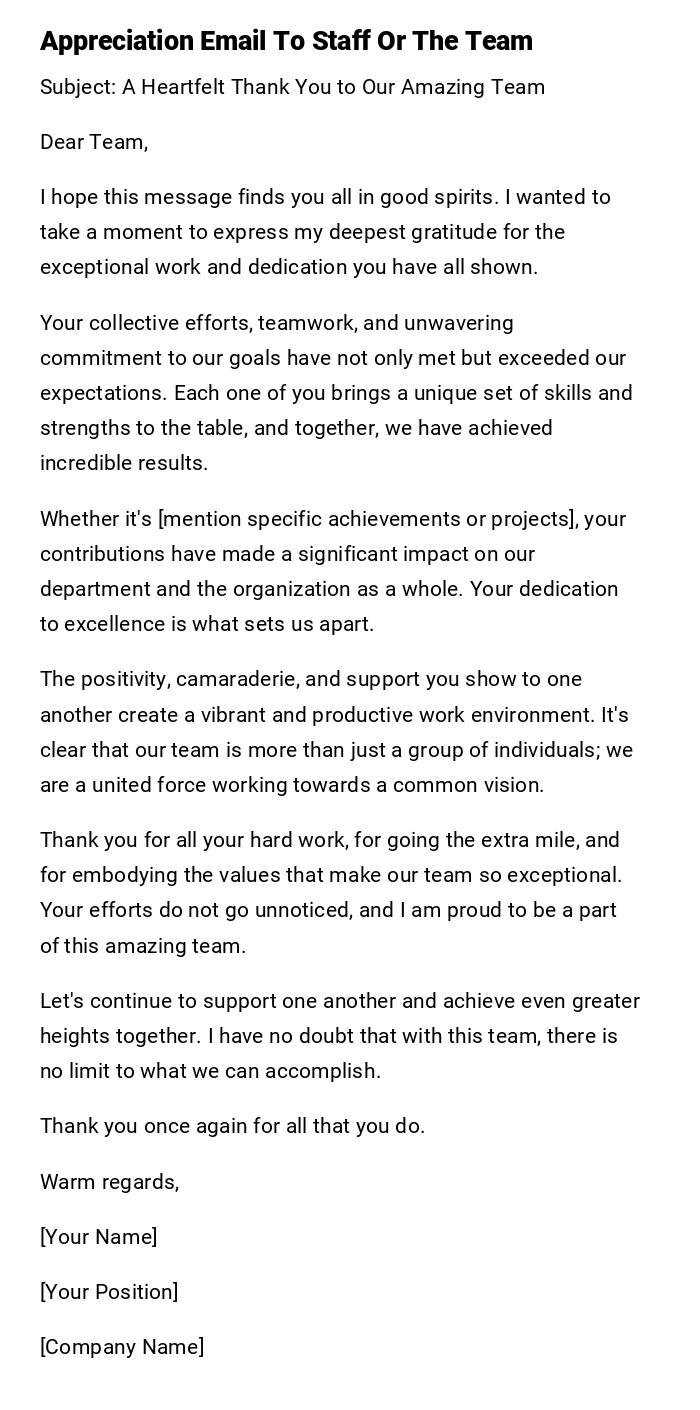 Appreciation Email To Staff Or The Team