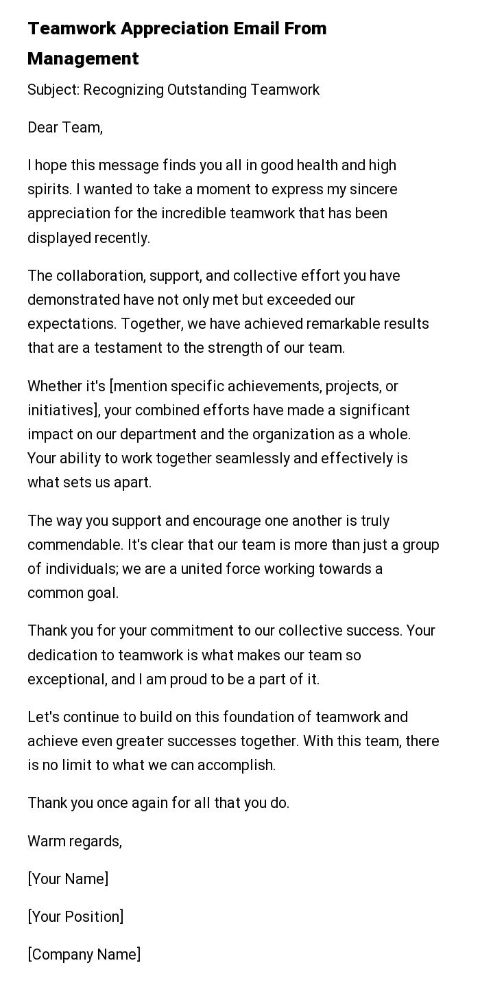 Teamwork Appreciation Email From Management