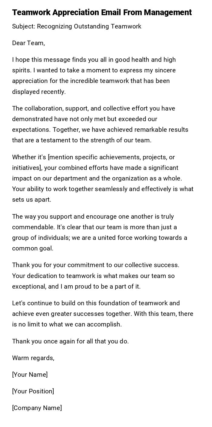 Teamwork Appreciation Email From Management