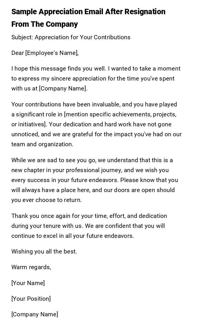 Sample Appreciation Email After Resignation From The Company Sample Appreciation Email After Resignation From The Company