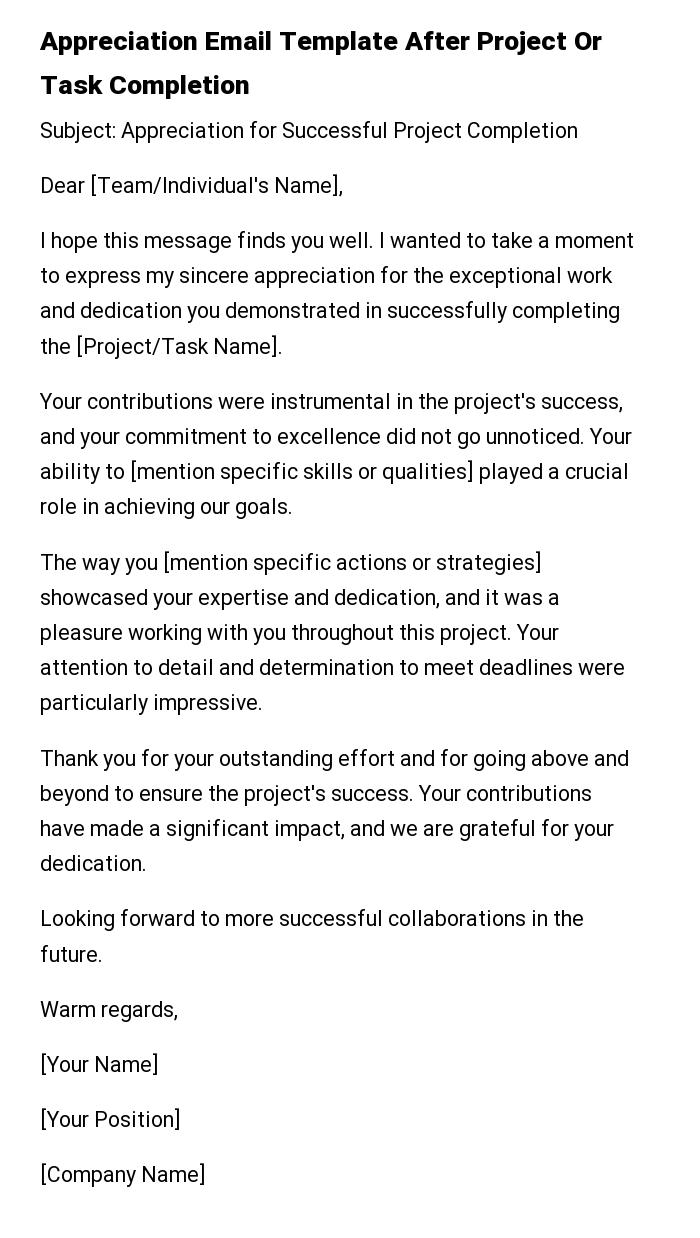 Appreciation Email Template After Project Or Task Completion