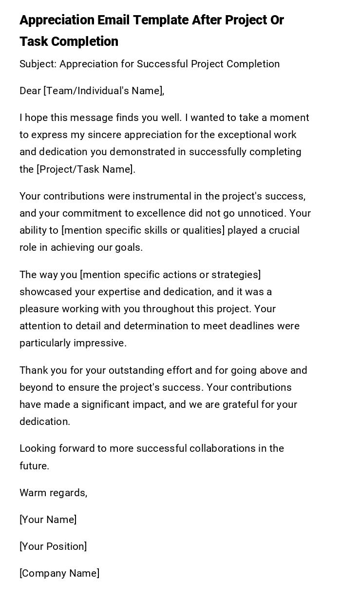 Appreciation Email Template After Project Or Task Completion