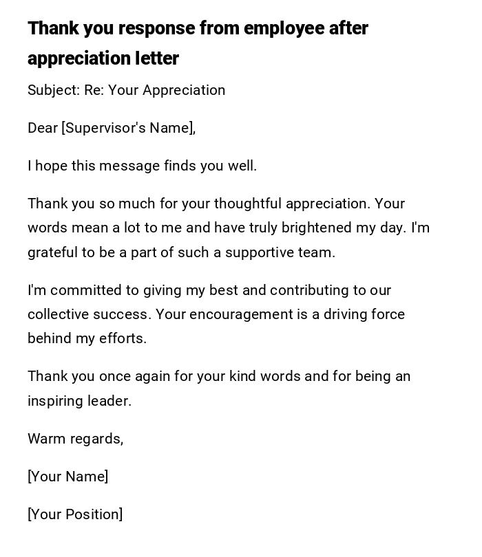 Thank you response from employee after appreciation letter