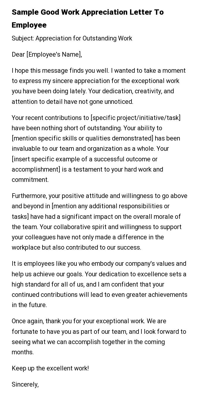 Sample Good Work Appreciation Letter To Employee