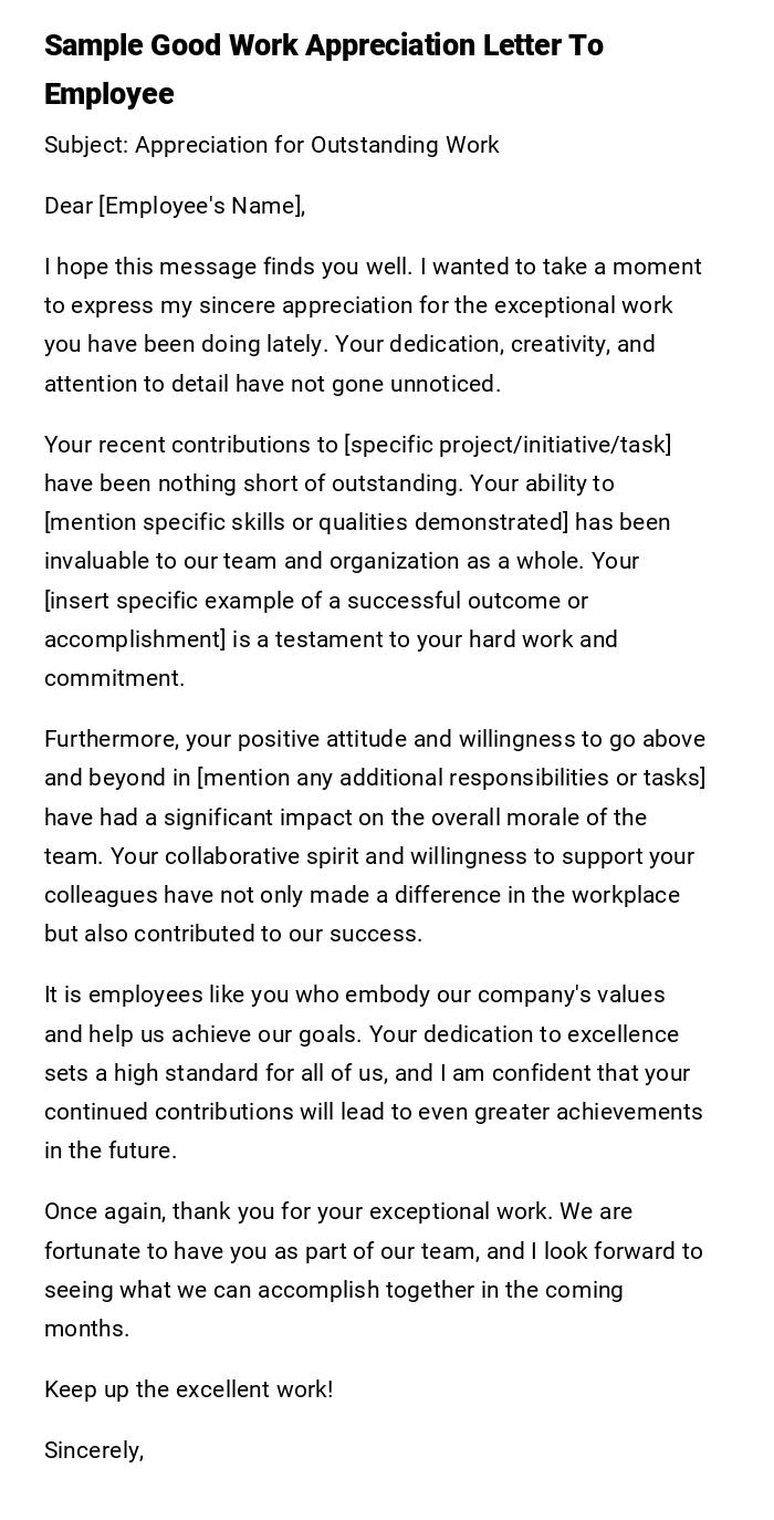 Sample Good Work Appreciation Letter To Employee