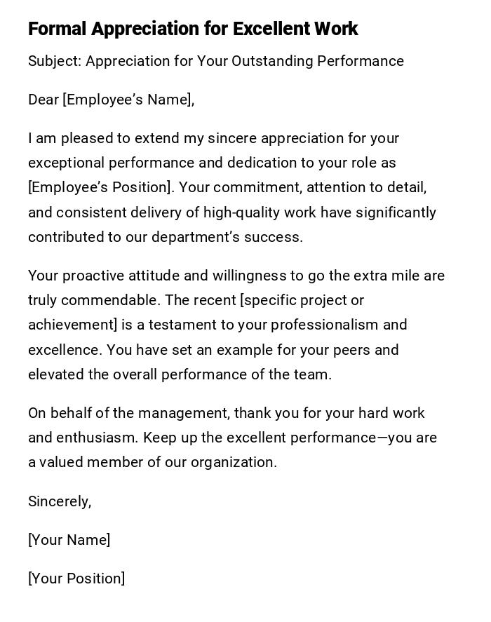 Formal Appreciation for Excellent Work