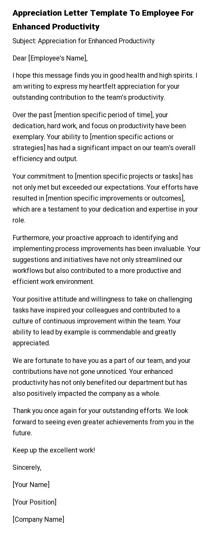 Appreciation Letter Template To Employee For Enhanced Productivity