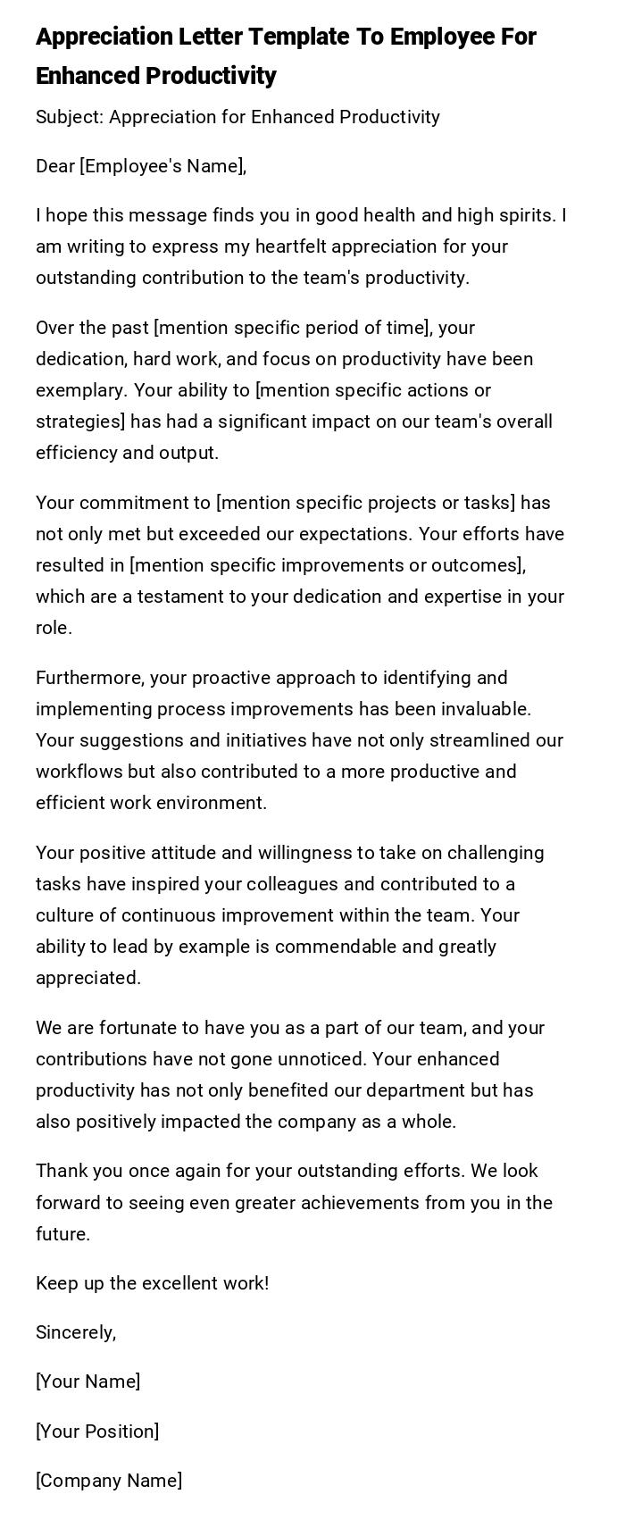 Appreciation Letter Template To Employee For Enhanced Productivity