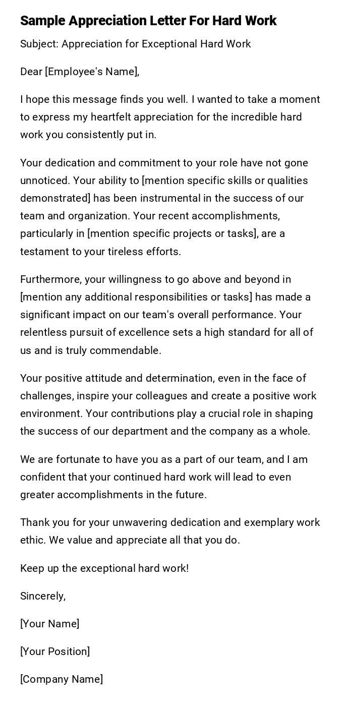 Sample Appreciation Letter For Hard Work Sample Appreciation Letter For Hard Work