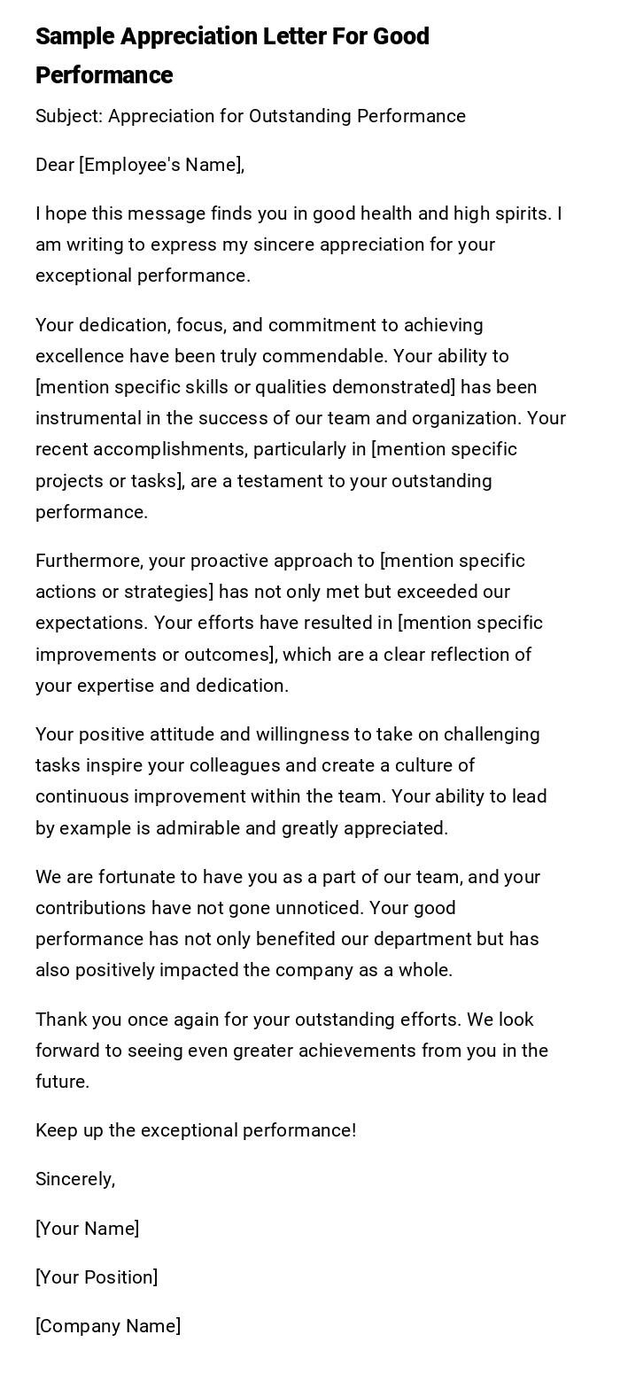 Sample Appreciation Letter For Good Performance