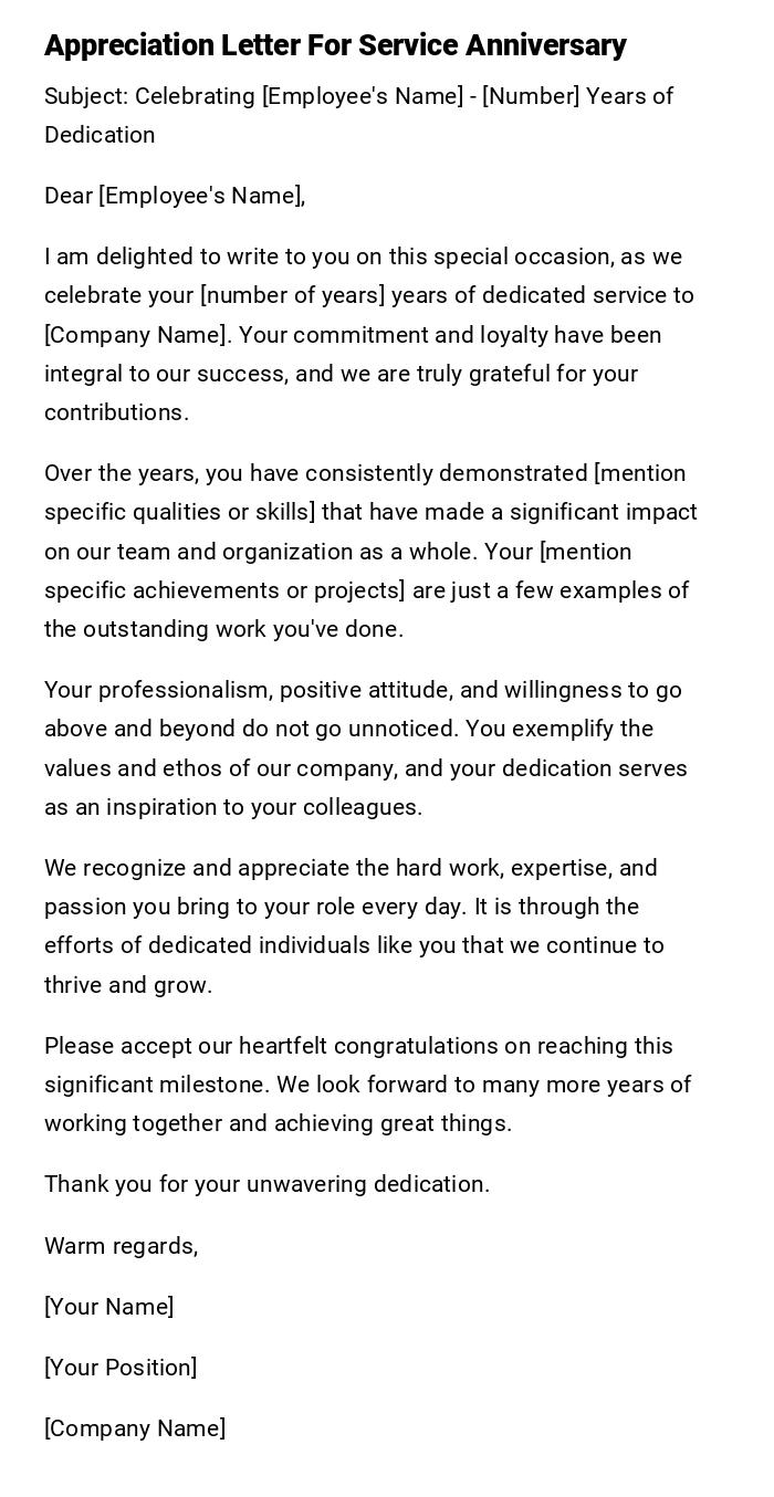 Appreciation Letter For Service Anniversary