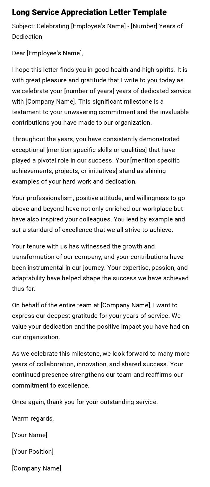 Long Service Appreciation Letter Template Long Service Appreciation Letter Template