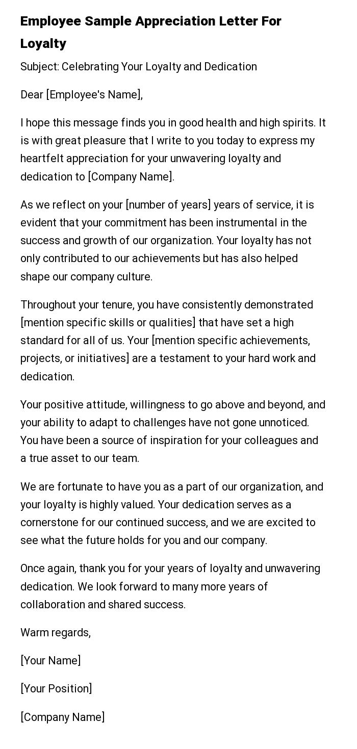 Employee Sample Appreciation Letter For Loyalty