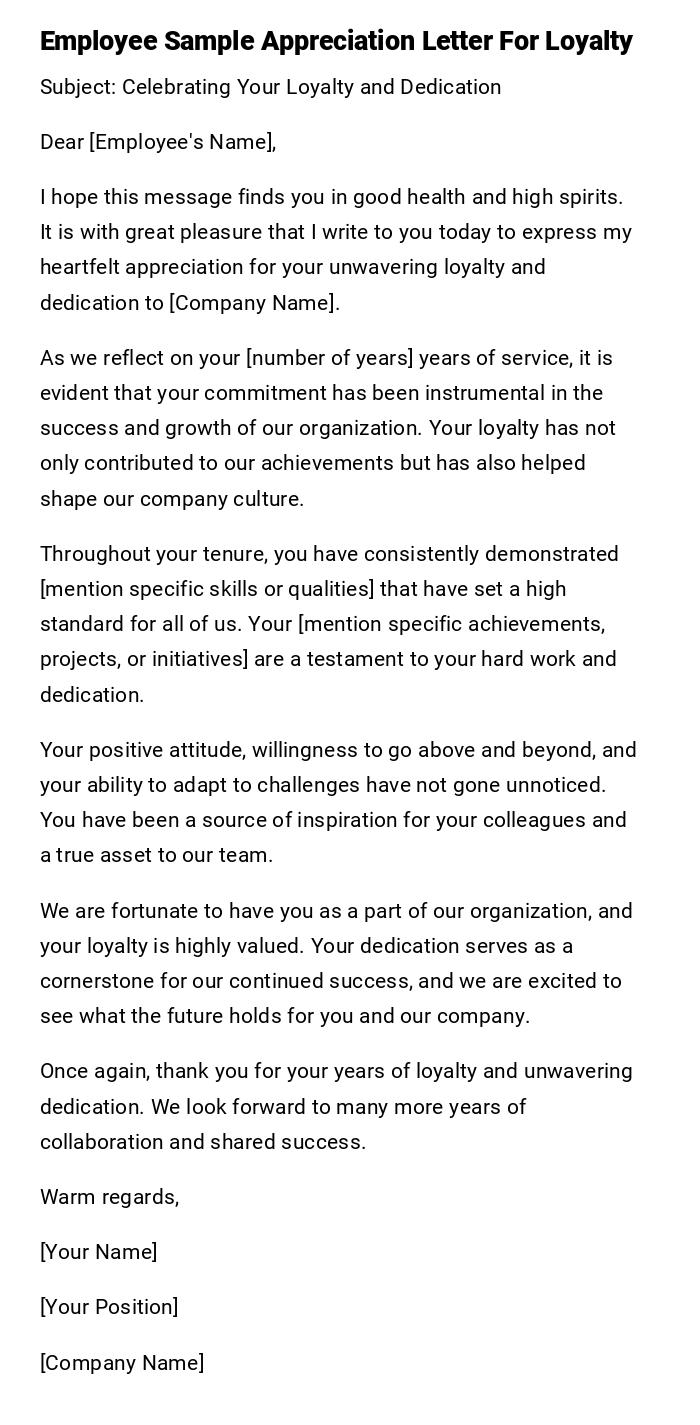 Employee Sample Appreciation Letter For Loyalty