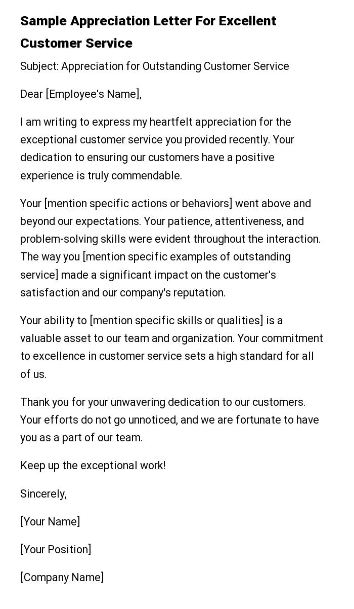 Sample Appreciation Letter For Excellent Customer Service