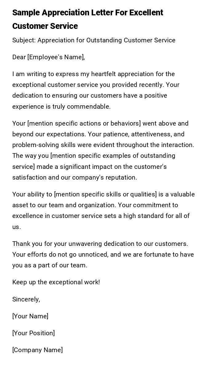 Sample Appreciation Letter For Excellent Customer Service