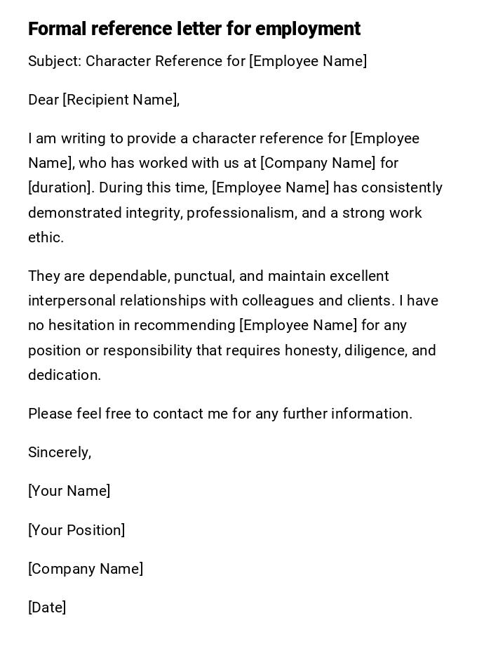 Formal reference letter for employment Formal reference letter for employment