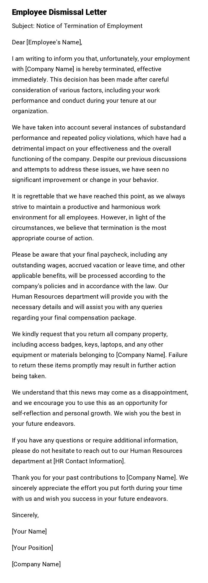 Employee Dismissal Letter Employee Dismissal Letter