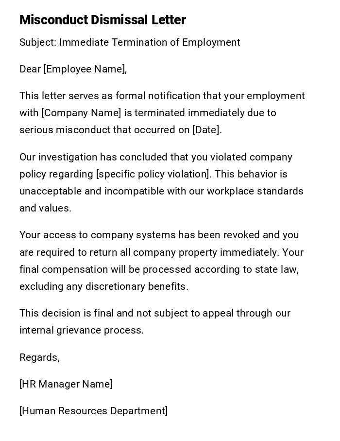 Misconduct Dismissal Letter