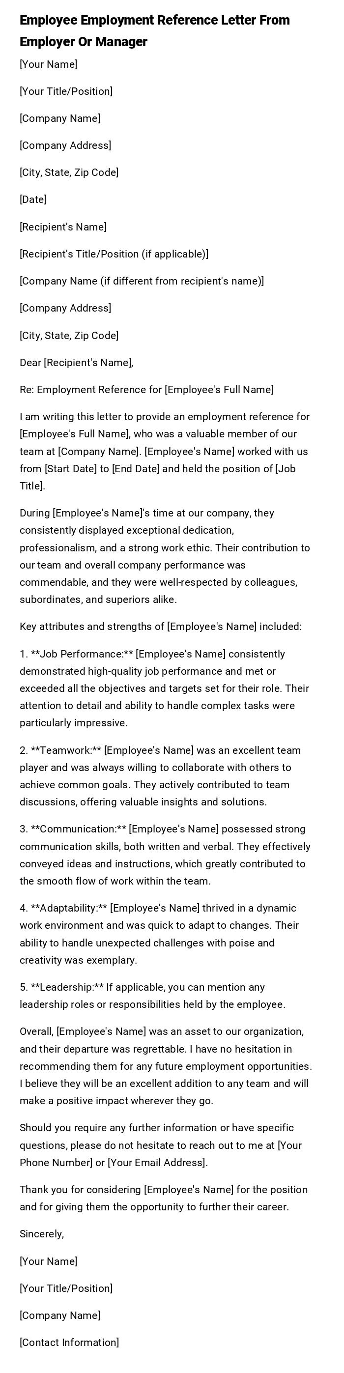 Employee Employment Reference Letter From Employer Or Manager