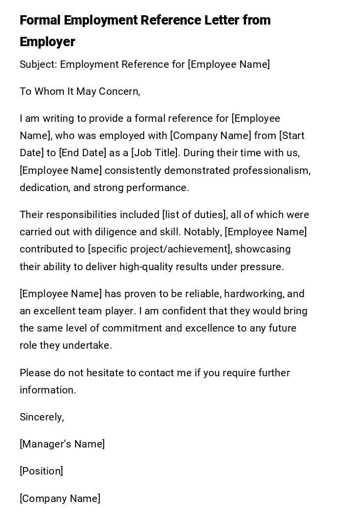 Formal Employment Reference Letter from Employer