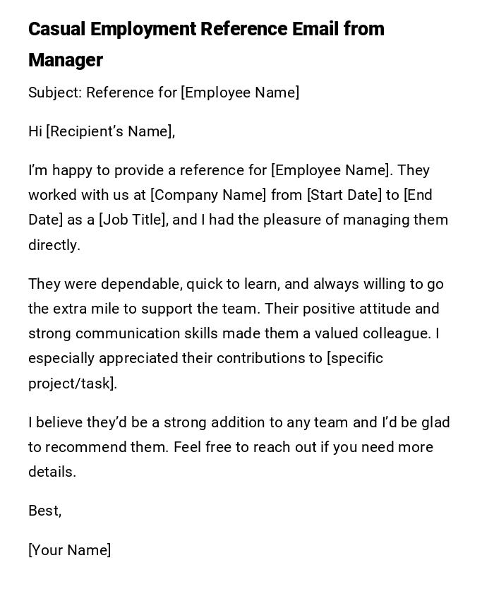 Casual Employment Reference Email from Manager