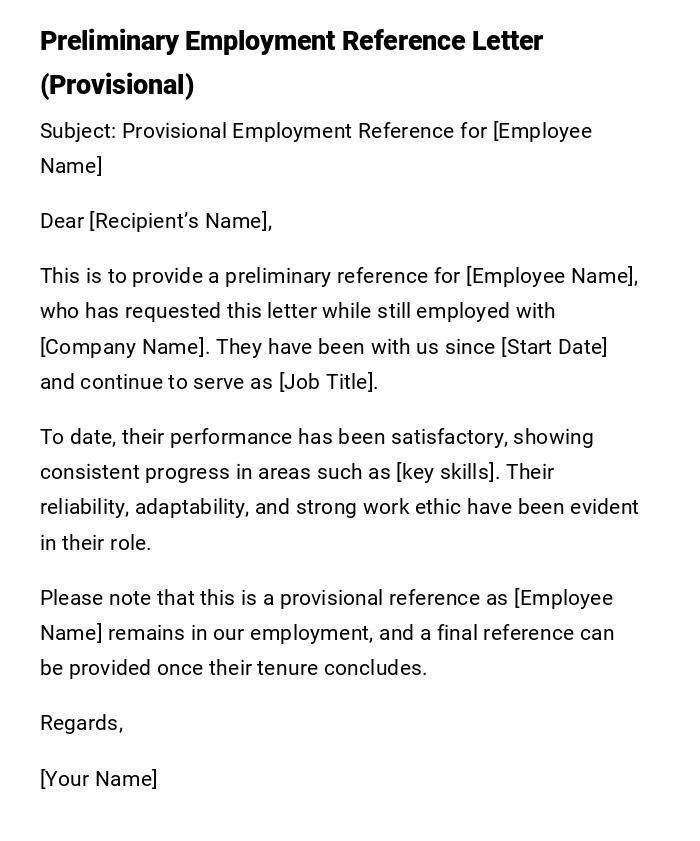 Preliminary Employment Reference Letter (Provisional)