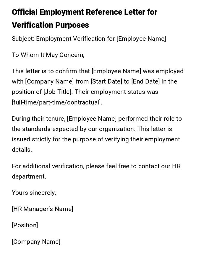 Official Employment Reference Letter for Verification Purposes