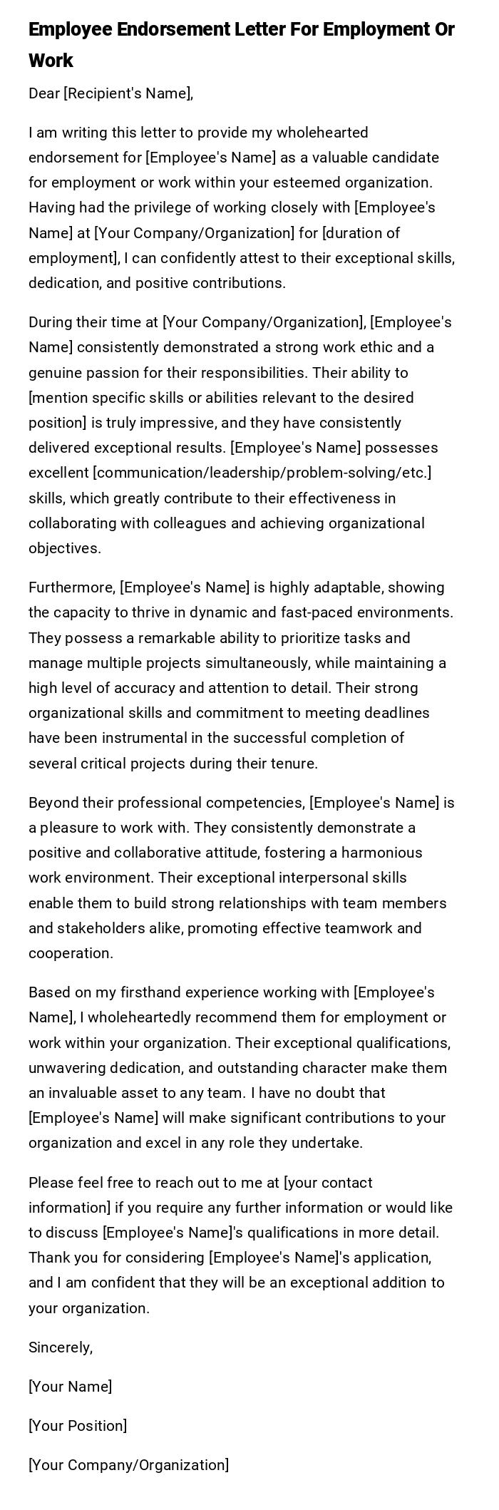 Employee Endorsement Letter For Employment Or Work