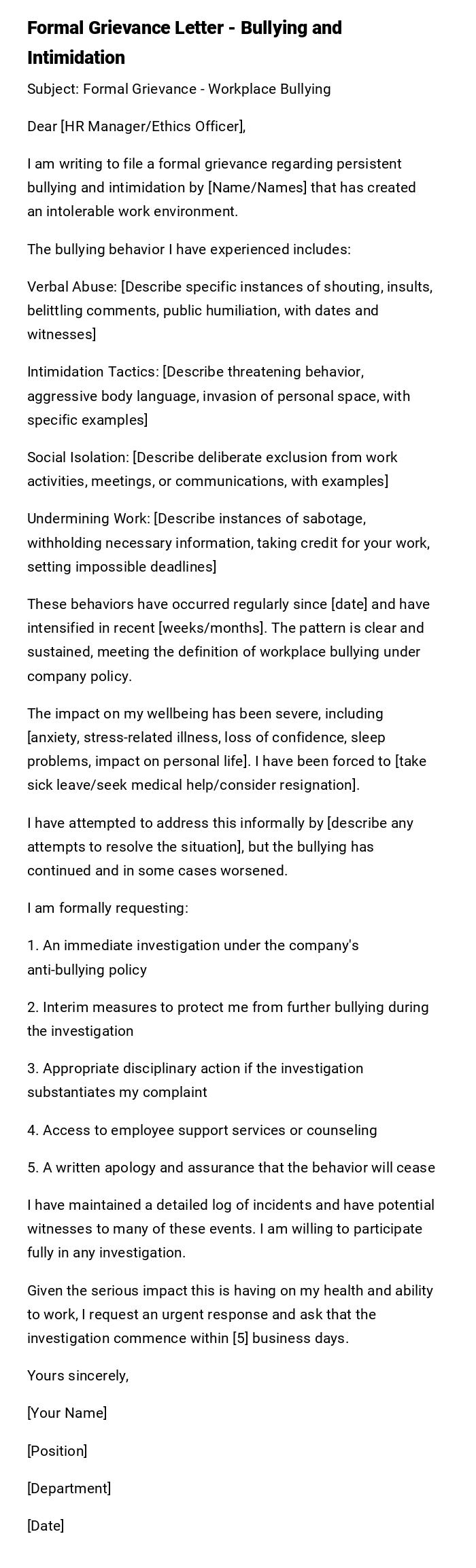 Formal Grievance Letter - Bullying and Intimidation Formal Grievance Letter - Bullying and Intimidation