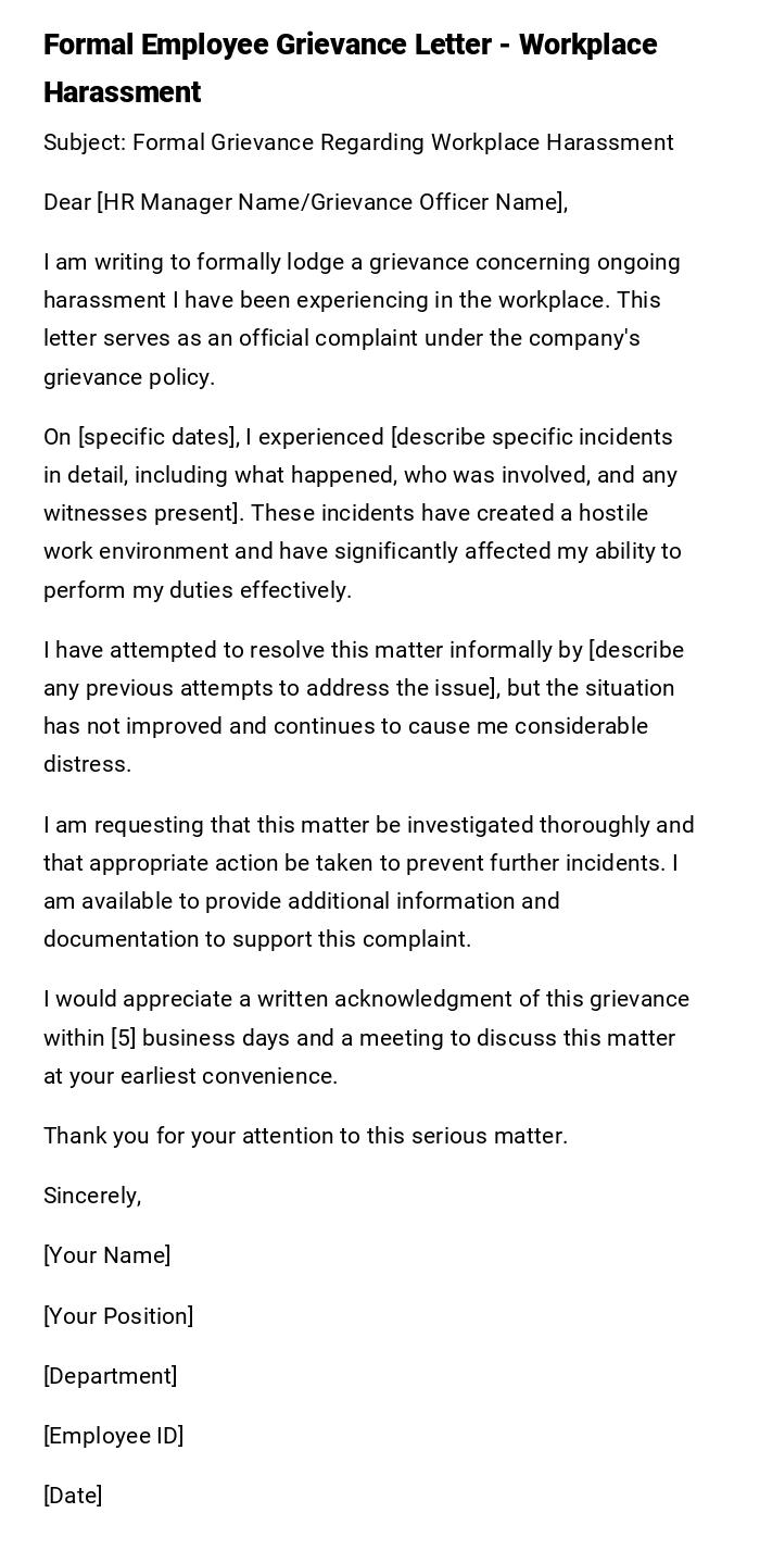Formal Employee Grievance Letter - Workplace Harassment Formal Employee Grievance Letter - Workplace Harassment