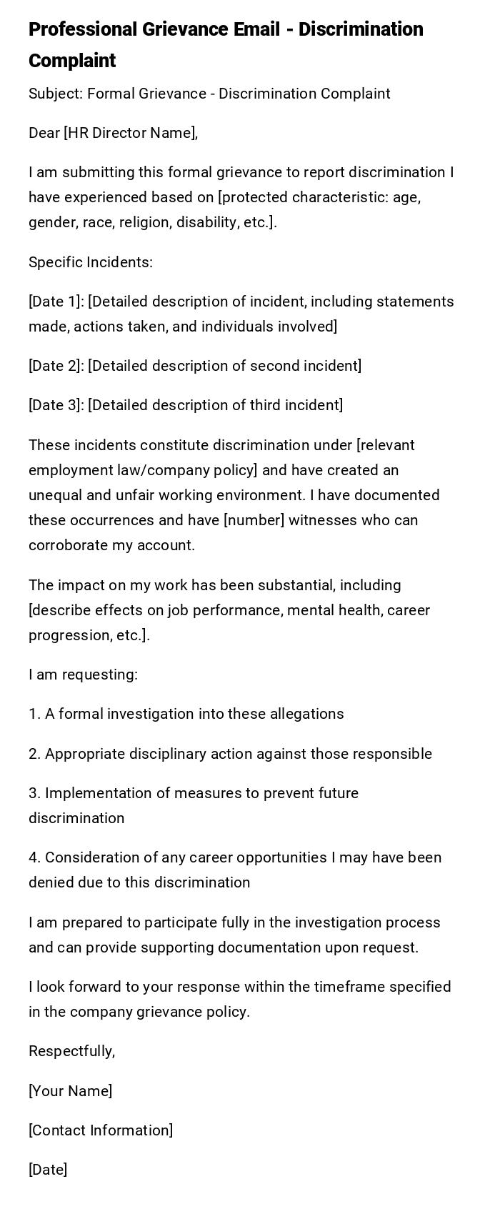 Professional Grievance Email - Discrimination Complaint Professional Grievance Email - Discrimination Complaint