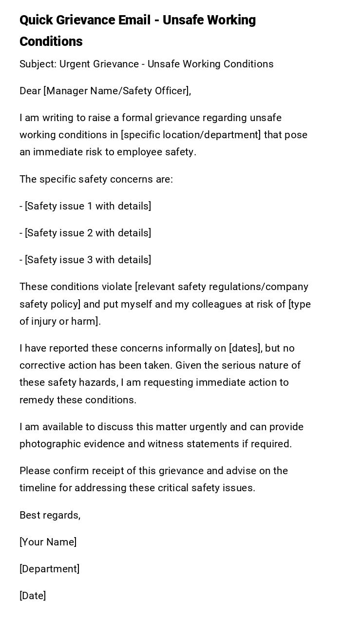 Quick Grievance Email - Unsafe Working Conditions Quick Grievance Email - Unsafe Working Conditions