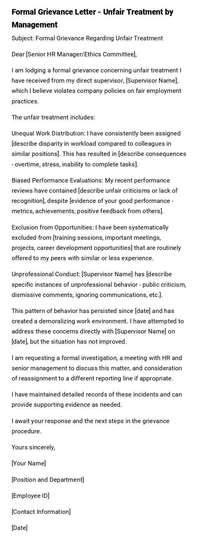 Formal Grievance Letter - Unfair Treatment by Management Formal Grievance Letter - Unfair Treatment by Management