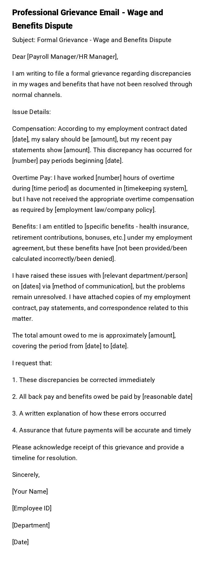 Professional Grievance Email - Wage and Benefits Dispute Professional Grievance Email - Wage and Benefits Dispute